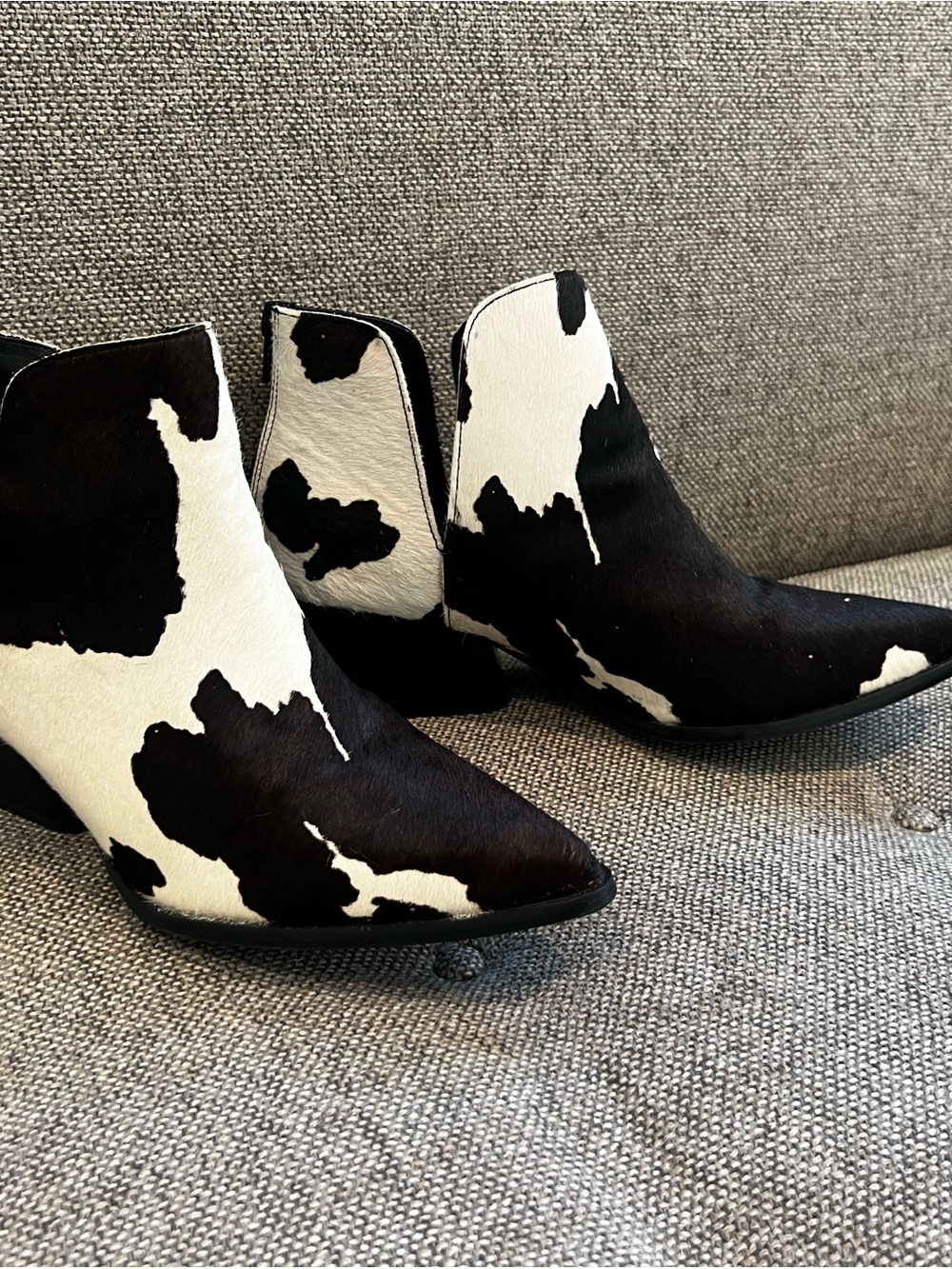 ShuShop Black and White Cow Print Pointed Ankle Booties